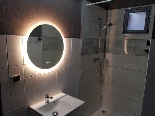 a bathroom with a sink and a mirror at Les Souchottes, charmante maisonnette in Bulligny