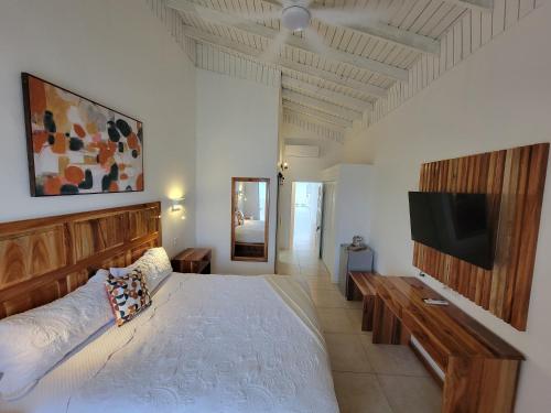 a bedroom with a bed and a flat screen tv at Merrils Deluxe at Veraclub in Negril