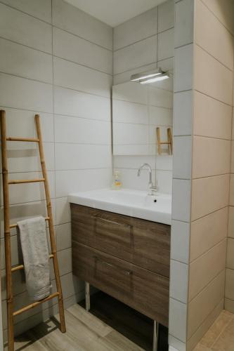 a bathroom with a sink and a mirror at F2 spacieux et lumineux avec cuisine équipée in Saint-Genest-Lerpt
