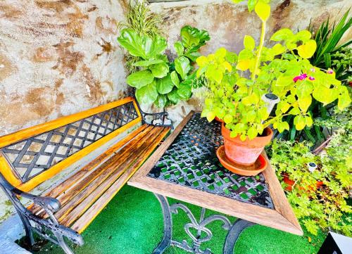 a wooden bench with a potted plant on it at Casa Rural al Sol De Las Ruinas- piscina privada in Belchite