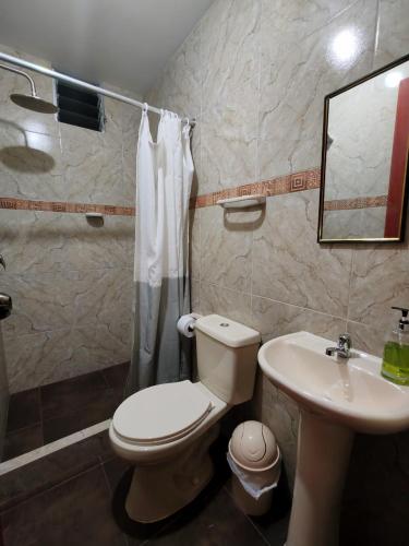 a bathroom with a toilet and a sink at Catag Wasi Casa hospedaje in Cajamarca