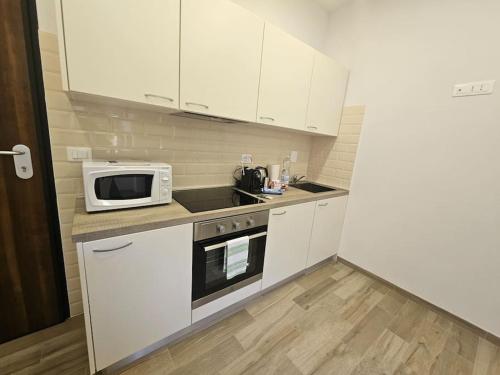 a small kitchen with white cabinets and a microwave at La Casa di Colombetta in Badalucco