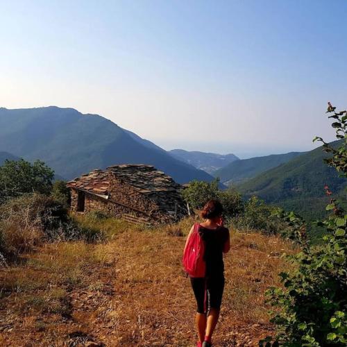 a woman walking on the side of a hill at La Casa di Colombetta in Badalucco