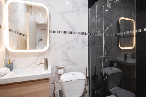 une salle de bain avec toilettes, lavabo et miroir dans l'établissement Le Coislin, à Metz