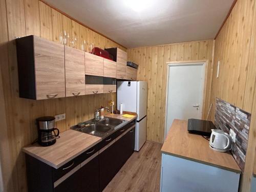 a small kitchen with a sink and a refrigerator at Siedlisko Silna Nowa in Silna Nowa