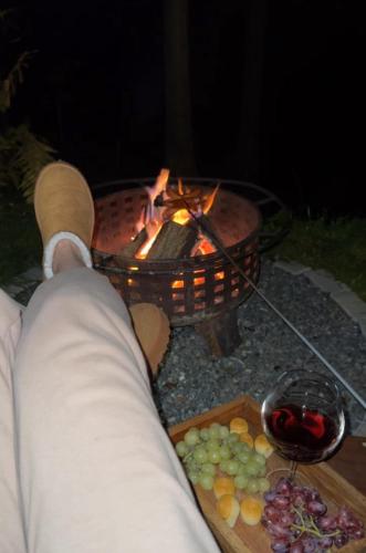 a person sitting in front of a fire pit with a glass of wine at Chalet Látky in Látky