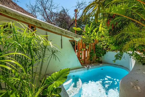 a small swimming pool in a garden with plants at Villa Buganvilia in Barra de Navidad