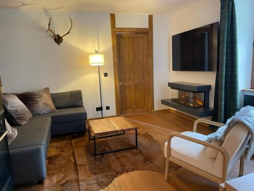 un salon avec un canapé et une télévision dans l'établissement Chalet OurSourie, à Saint-Gervais-les-Bains