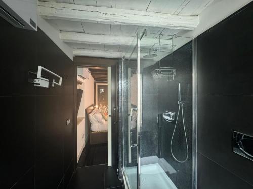 a bathroom with a glass shower and a sink at In Ancient Rome Apartment in Rome