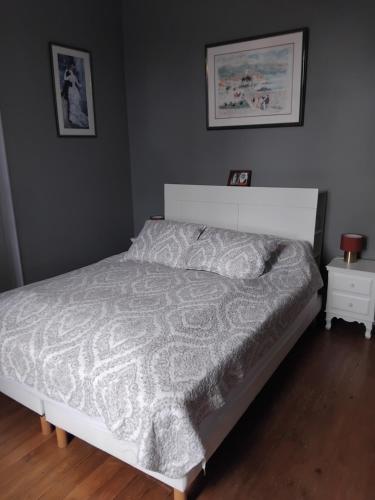 - une chambre avec un lit et une couette en argent dans l'établissement Esyom's, à Coulonces