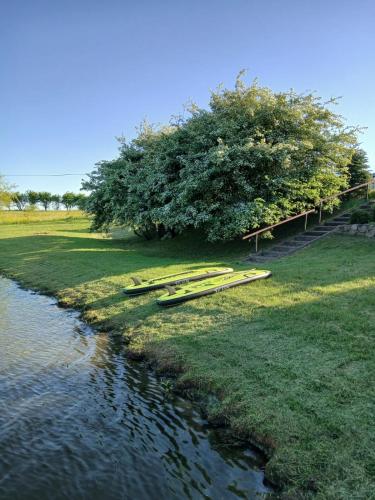 a group of kayaks sitting on the grass next to a river at Līdumnieki in Vērgale