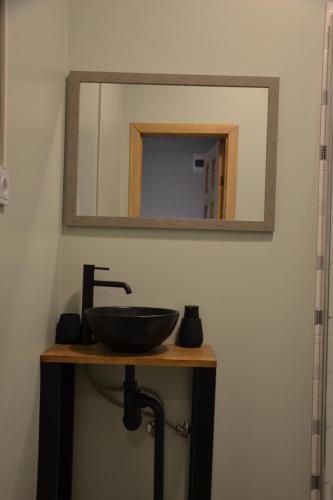 a bathroom with a sink and a mirror at Hotel Mergera in Mērsrags
