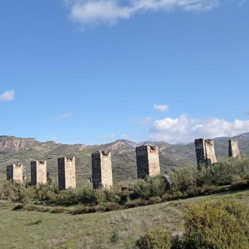 an abandoned building in a field with mountains in the background at Casa LAS TORRES in Dúdar