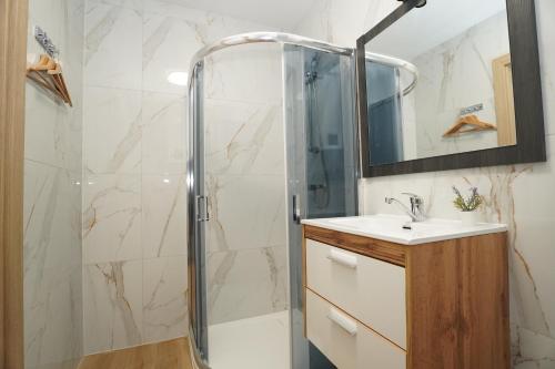 une salle de bain avec douche et lavabo dans l'établissement Pine Tree House 10 D&D Apartments, à Międzywodzie