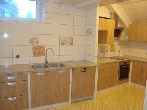 a kitchen with wooden cabinets and a sink at Apartamenty i pokoje Pod Limbami - sauna, tężnia in Bukowina Tatrzańska