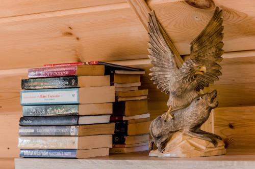 a statue of an owl standing next to a stack of books at Leśny domek in Białowieża