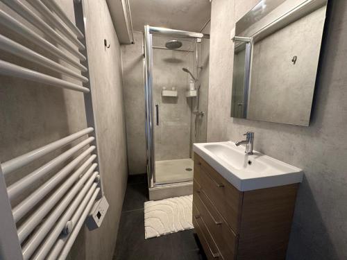 une salle de bain avec un lavabo et une douche dans l'établissement Le Jules Verne, proche de la Gare, à Boulogne-sur-Mer