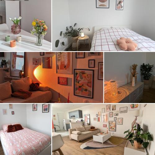 un collage de photos d'un salon dans l'établissement Le design *Vieux Lille*parking gratuit*fibre, à La Madeleine