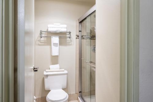a bathroom with a toilet and a shower at Best Western Alderwood in Lynnwood