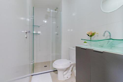 a bathroom with a shower and a toilet and a sink at Apto 2 dorm I Prox ao Transamérica Expo e Vibra SP in Sao Paulo