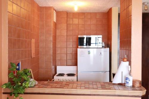 a kitchen with a stove and a white refrigerator at Ocean View Yuké Studio in Luquillo