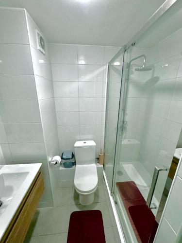 a white bathroom with a toilet and a shower at Apartamento en exclusivo barrio Lomas de san Andrés con estacionamiento in Concepción