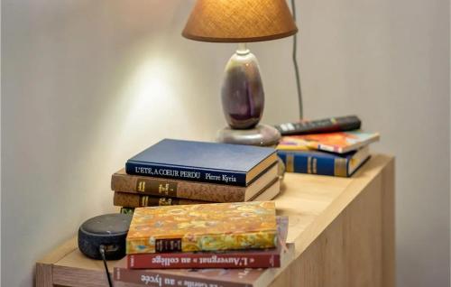 a stack of books sitting on a table with a lamp at Appartement charmant à Fécamp : 35 m² près des plages in Fécamp