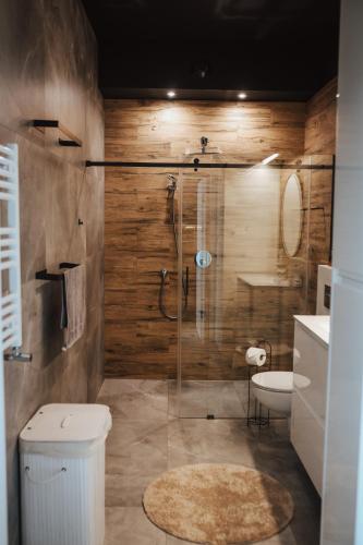 a bathroom with a shower with a toilet and a sink at Apartament Przy Baryczy Milicz in Milicz