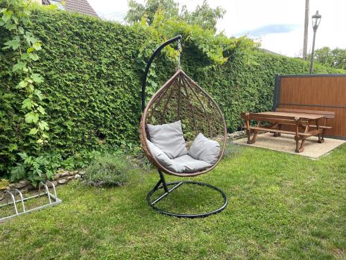 a hanging chair with two pillows in a yard at MoryńApartments in Moryń