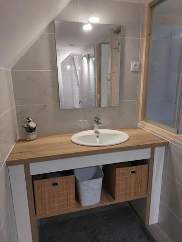 une salle de bain avec un lavabo et un miroir dans l'établissement Le Logis du Quai, à Loches