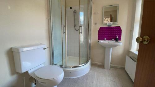 a bathroom with a shower and a toilet and a sink at White Moon Hotel in Blackpool