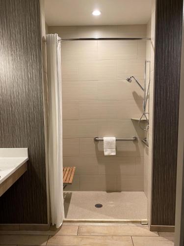 a bathroom with a shower with a toilet and a sink at Little Creek Casino Resort in Kamilche