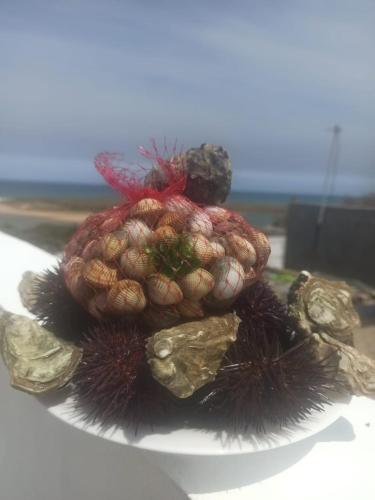 a white plate topped with a pile of fruit on top at Appartement berj in Oualidia
