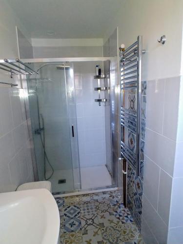 a bathroom with a shower with a toilet and a sink at OSCARs B&B in Taino