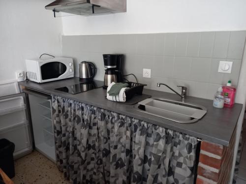 un comptoir de cuisine avec un évier et un micro-ondes dans l'établissement L'Hermitage, à Auxi-le-Château