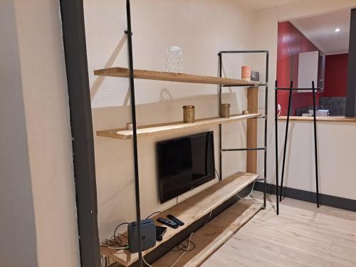 - un salon avec une télévision et des étagères dans l'établissement Les Arcades T1 La Lanterna 9, à Lons-le-Saunier