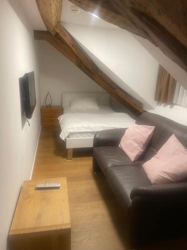 a living room with a couch and a bed at Aparthotel Splendid City Center in Zürich