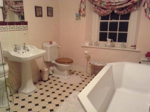 a bathroom with a sink and a toilet and a tub at The Dash Farmhouse in Bassenthwaite