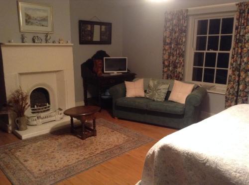 a living room with a couch and a fireplace at The Dash Farmhouse in Bassenthwaite