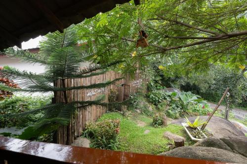 a backyard with a wooden fence and a garden at Monruamsuk Homestay Cafe and Bistro in Chiang Mai