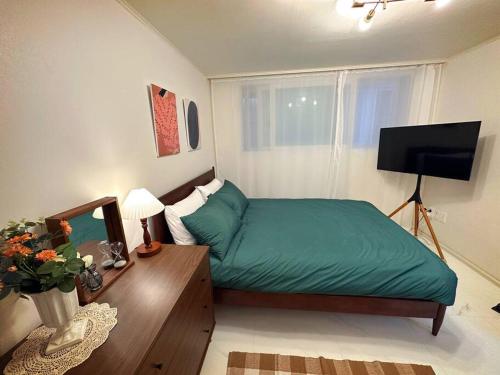 a bedroom with a green bed and a television at Clean & All new - Songridan-gil, Seokchon Lake, Lotte World, KSPO Dome, Olympic Park, Han River, Asan Hospital, Coex in Seoul