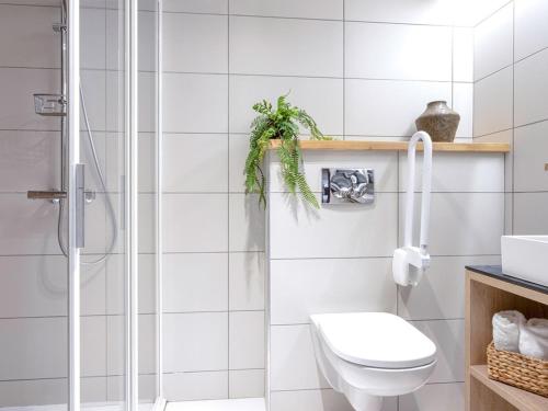 une salle de bain blanche avec douche et toilettes dans l'établissement Appartement 2P cosy avec spa aux Saisies, près des pistes - FR-1-810-5, aux Saisies