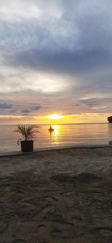 a sunset on the beach with a boat in the water at Ofiuras Hostal in Colón