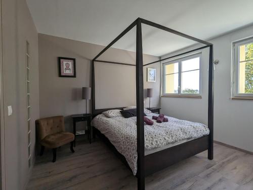 a bedroom with a canopy bed with a mirror at Chambres avec table d'hôtes en Berry, proche Zoo de Beauval, parking - FR-1-591-706 in Fontguenand