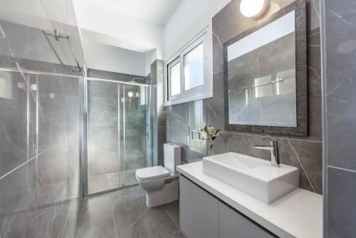 a bathroom with a toilet and a sink and a mirror at Pomos Seashore villa in Pomos