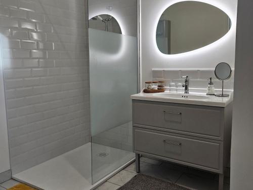 a bathroom with a sink and a mirror at Chambres d'hôtes avec piscine, cuisine et jardin à Messas - FR-1-590-488 in Messas
