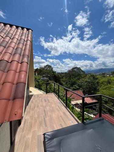 a view from the balcony of a house at Pachakuti Eco-vida Hotel in Caicedonia