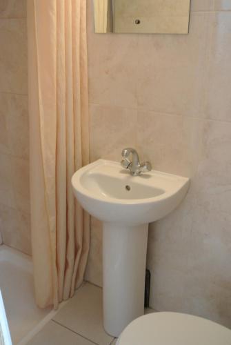 a bathroom with a sink and a shower curtain at Carlton Hotel in London