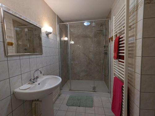 a bathroom with a sink and a shower at Maison familiale avec cheminée, jardin et WiFi à Esley, Vosges - FR-1-589-743 in Esley