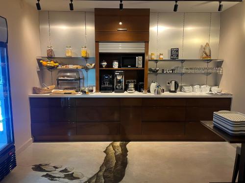 ジョアンヴィルにあるHôtel La Vinaigrerie LOGISのキッチン(シンク付きカウンター、カウンター付)